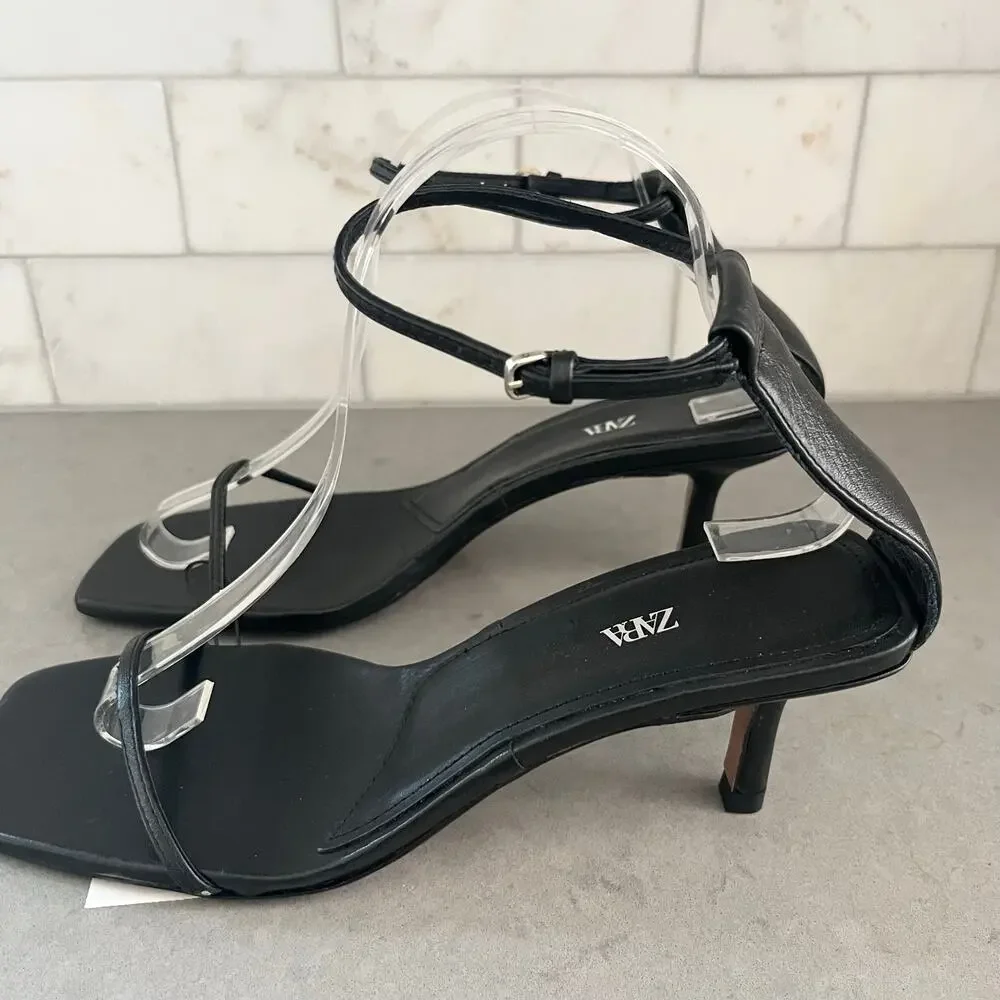 Zara Black Leather Ankle Strap Heeled Sandals Square Toe NWT Size 39 EU - Picture 4 of 13